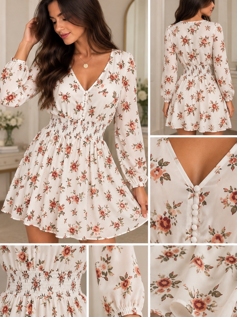 J for Justify Cream Floral Smocked Waist V-Neck Mini Dress